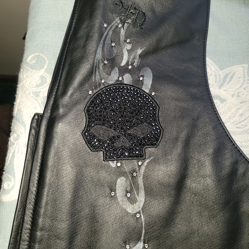 🔥NWT RARE "WICKED" Harley-Davidson Black Leather Flare Chaps with Skull Bling